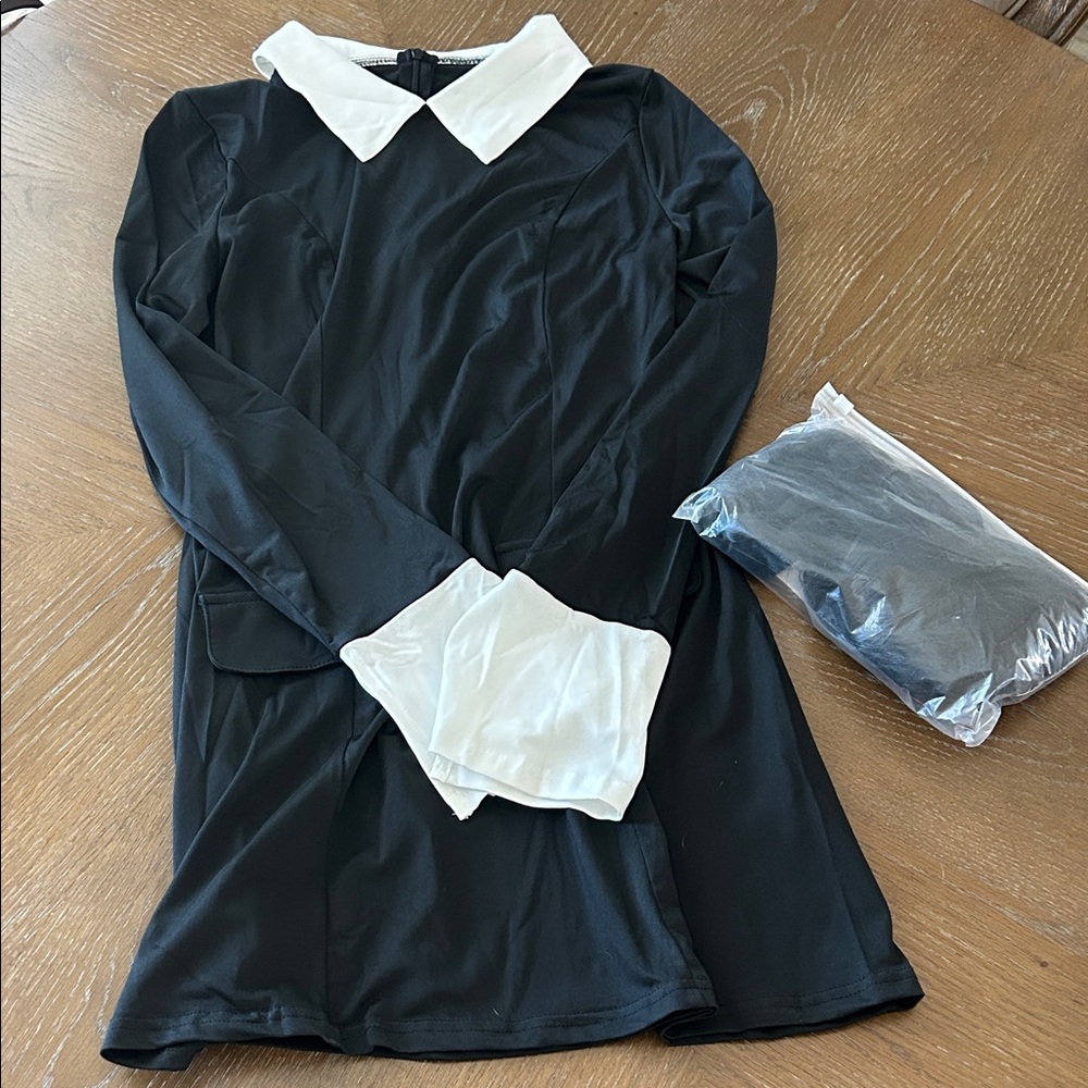 Black Long Sleeve Dress with White Peter Pan Collar and Cuffs